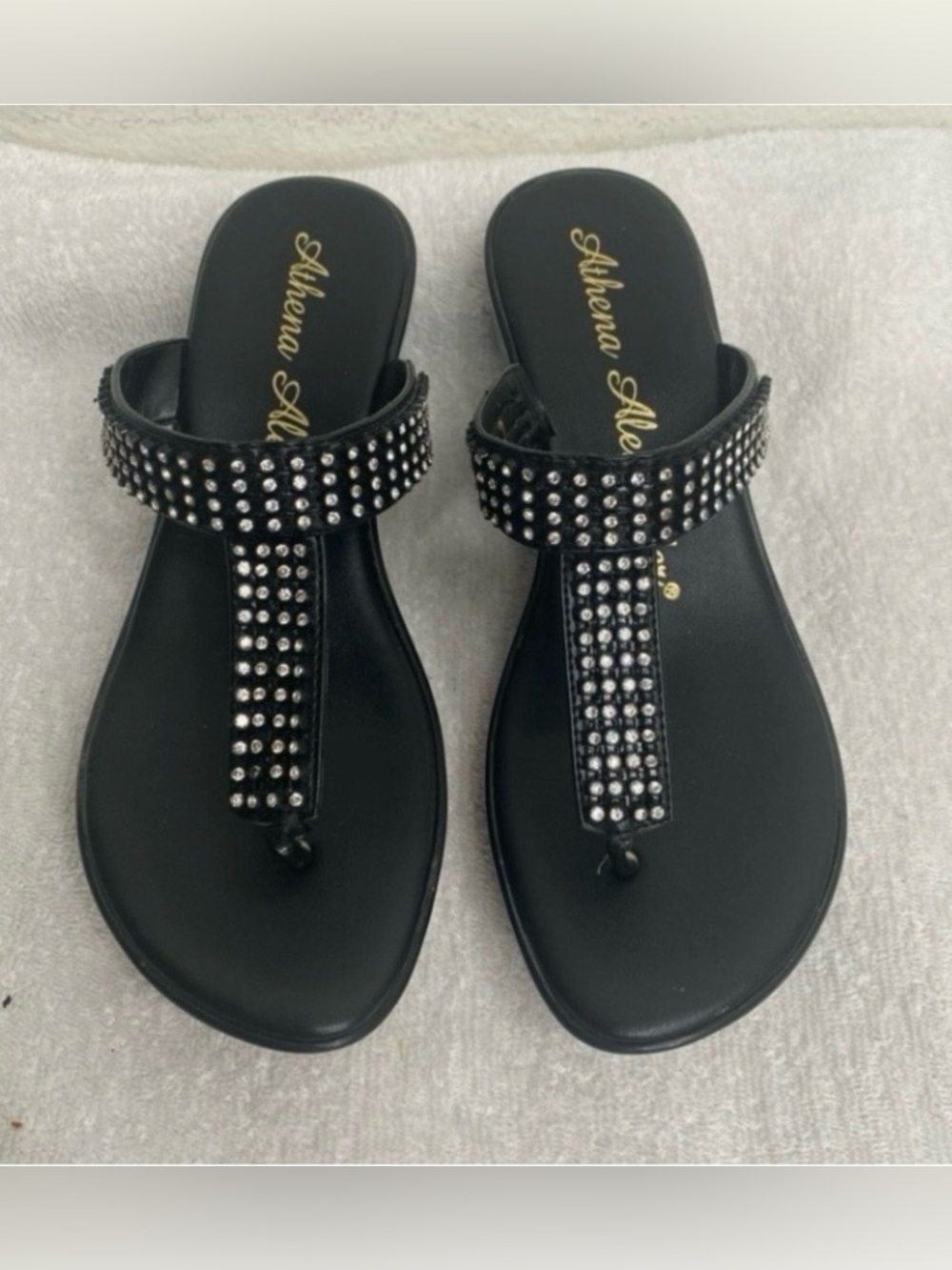 Athena Alexander Women's Black Bling T Strap Wedge Sandal Size 7 Casual Vacation